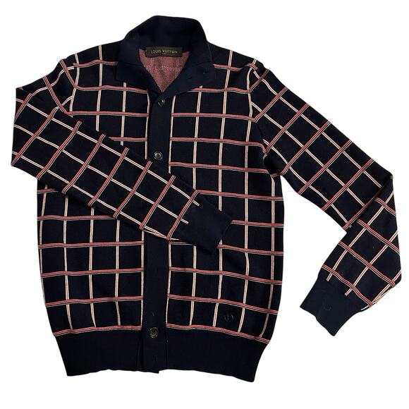 LOUIS VUITTON Jacquard Windowpane Check Cardigan Navy Wool - Picture 3 of 13